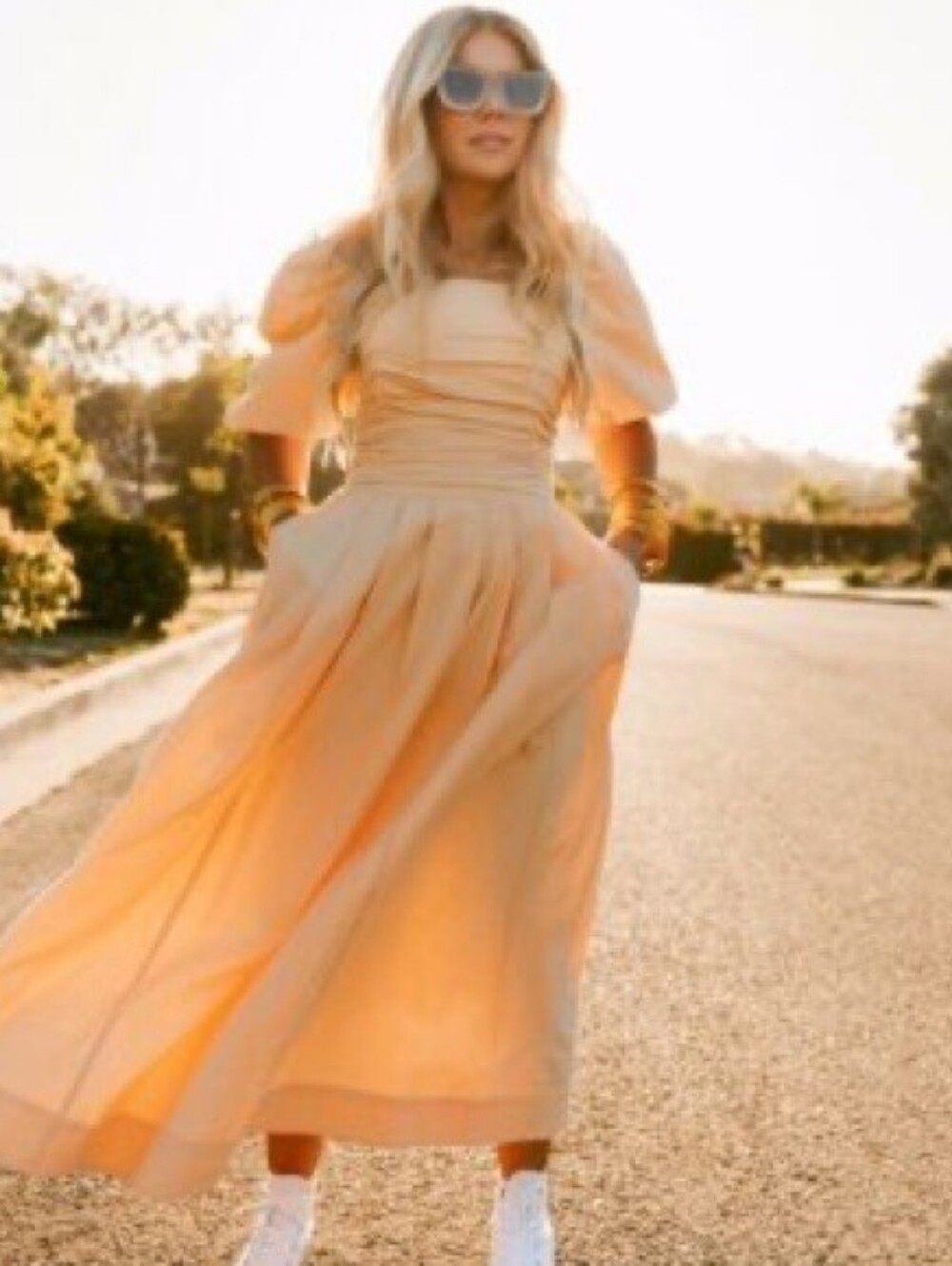 Free People Peach Midi Dress with Puff Sleeves